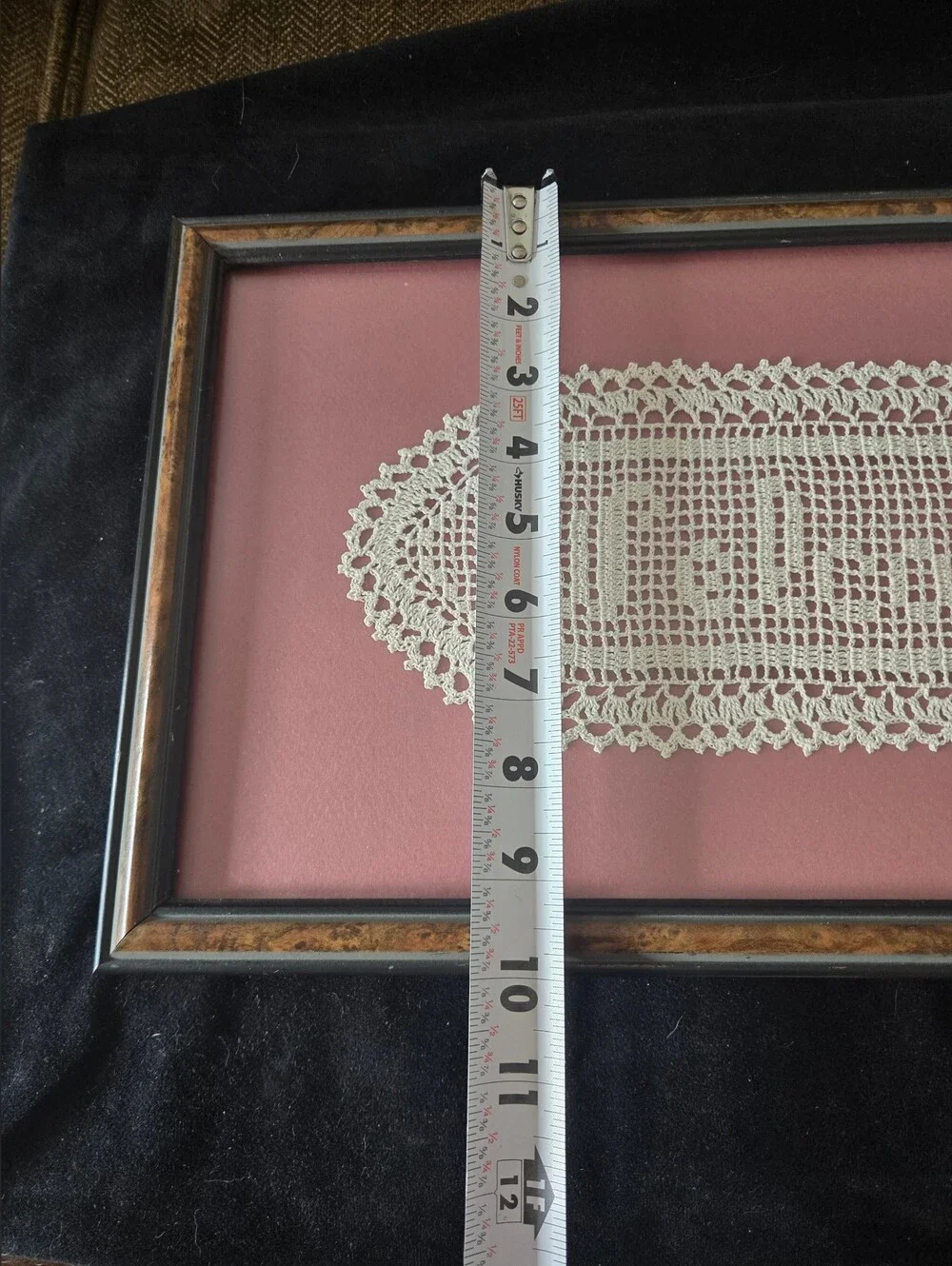 Handmade White Crochet Doily on Pink Mat, 17x10 Professionly Framed